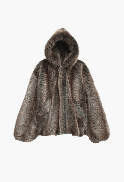 Emma Faux Fur Hooded Jacket - Brown Melange